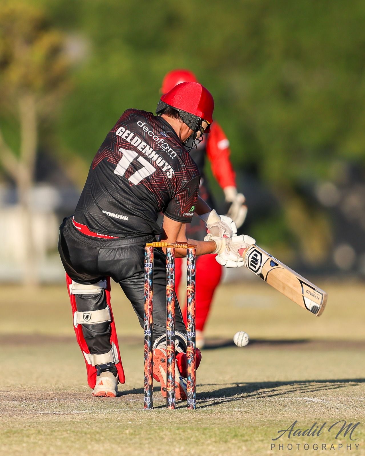 Matthew Geldenhuys defending forward, the ball on the ground beside the stumps